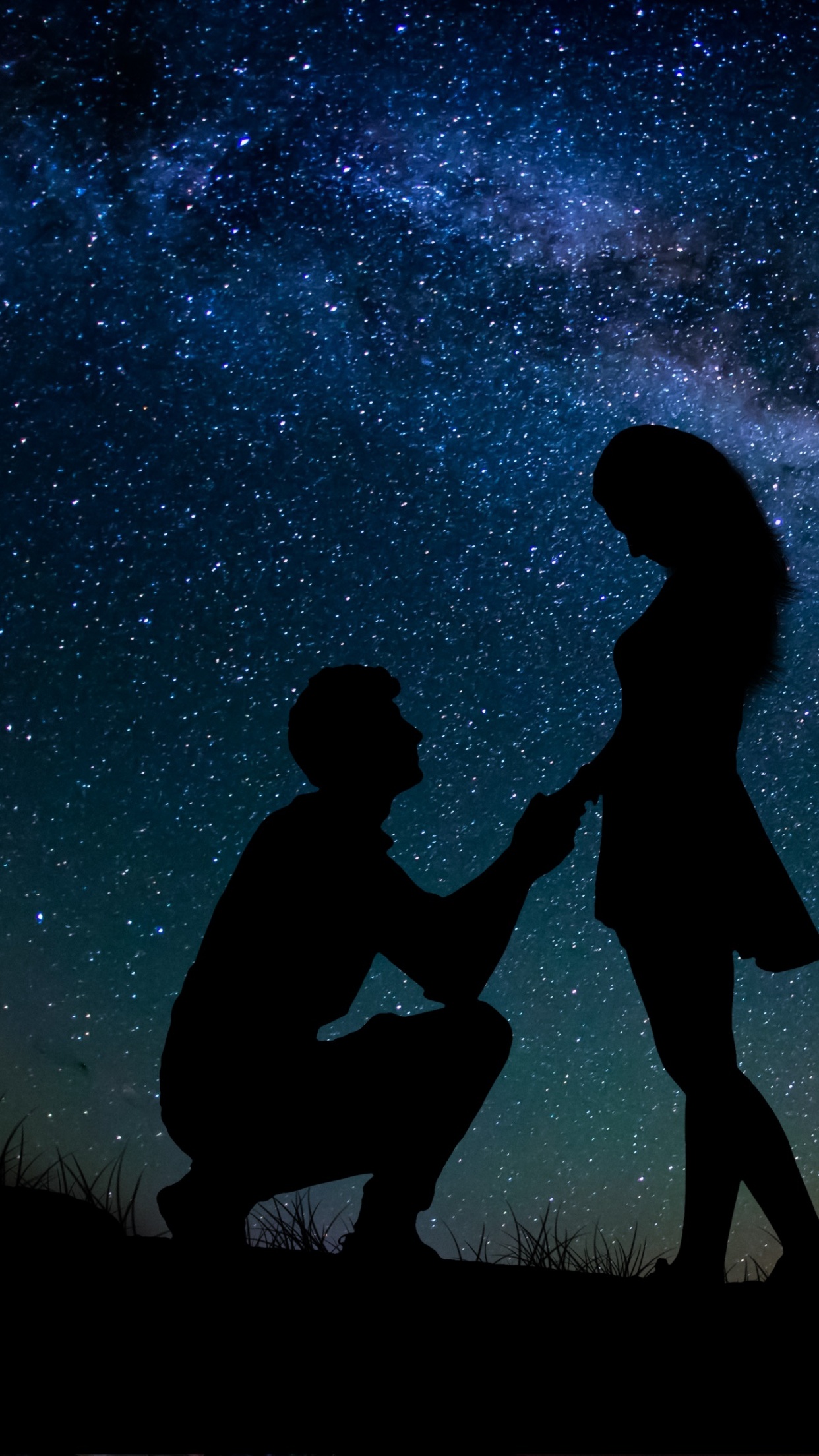 Couple 4K Wallpaper, Lovers, Proposal, Silhouette, Starry